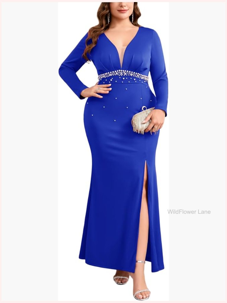 Plus Size Mermaid Maxi Dress With Pearls Deep V-Neck Long Sleeve Formal Gown